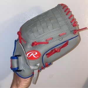 Rawlings Players Series Youth Tball/Baseball Glove, Gray/Blue/Red R hand throw